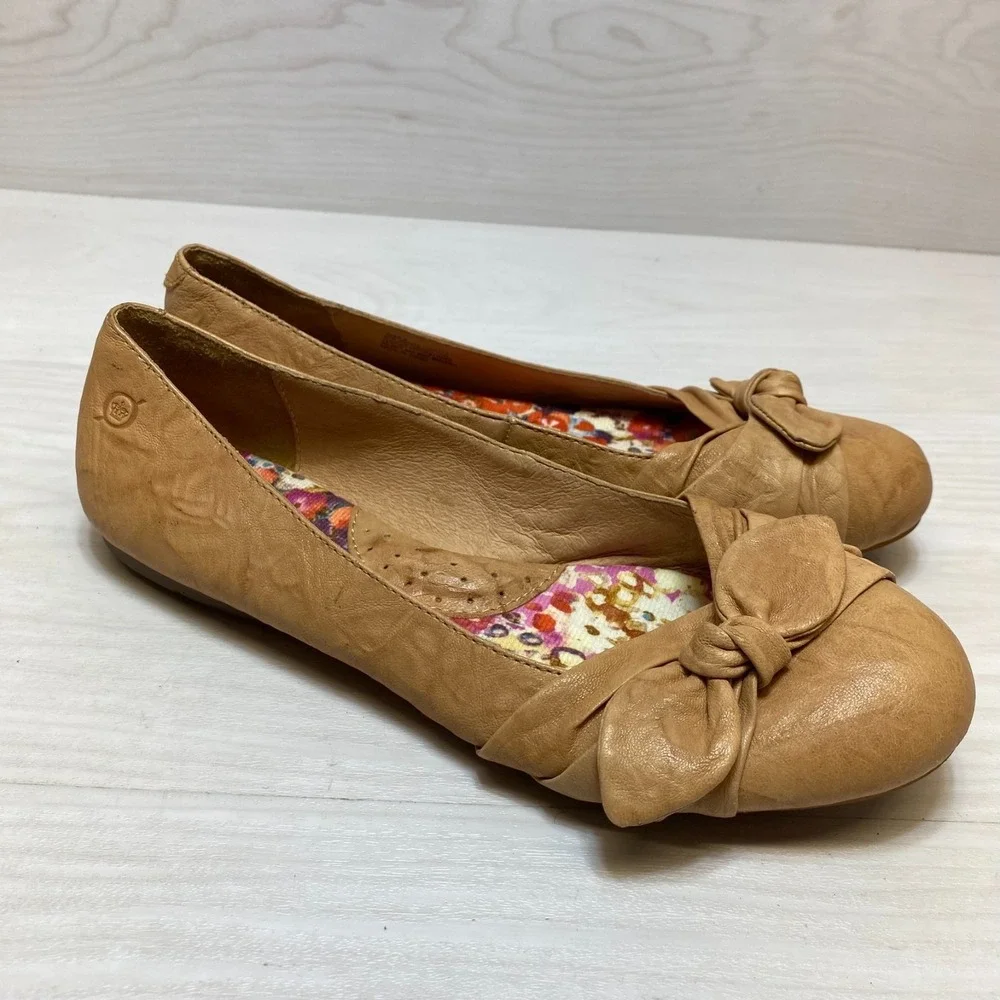 Born Ballet Comfort Flats Womens Size 9 Tan‎ Leather Knotted Bow Detail Slip On